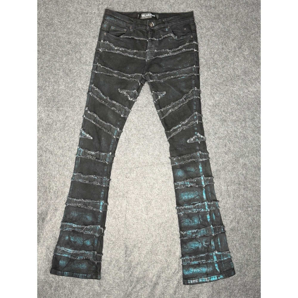 Valabasas Mens Stacked Jeans Black Teal Metallic Distressed Slim Fit Size 30